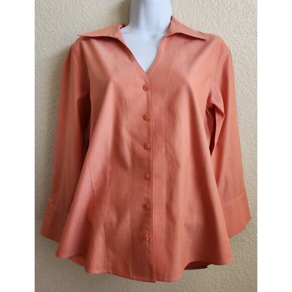 Coldwater Creek Orange Button Up Deep V Neck Dress Top Small Lightweight Collard - Picture 1 of 5